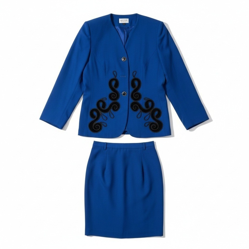 Kasper for ASL Royal Blue Skirt Suit Set Vintage Velvet Applique Blazer Skirt